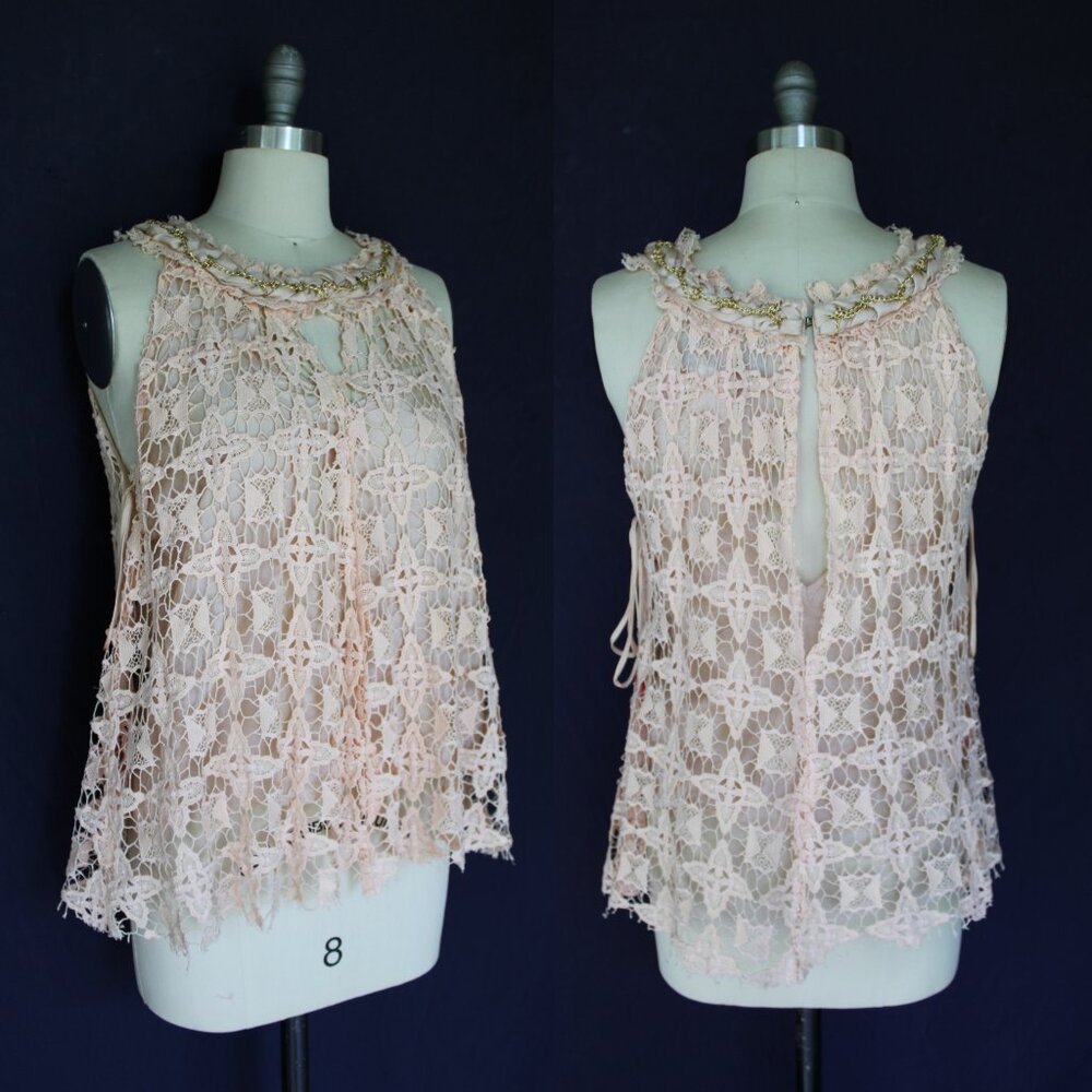 MEGHAN los Angeles crochet Guipure lace tunic blose dress top beaded coral  S